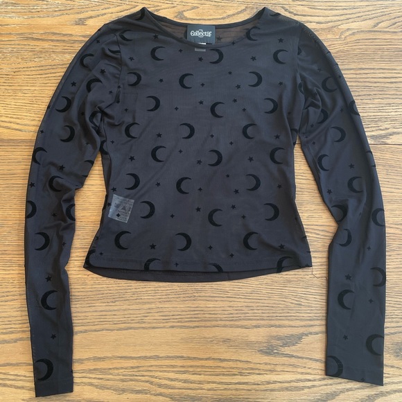 Collectif Tops - Black Velvet Moon Flocked Mesh Gothic Top by Collectif